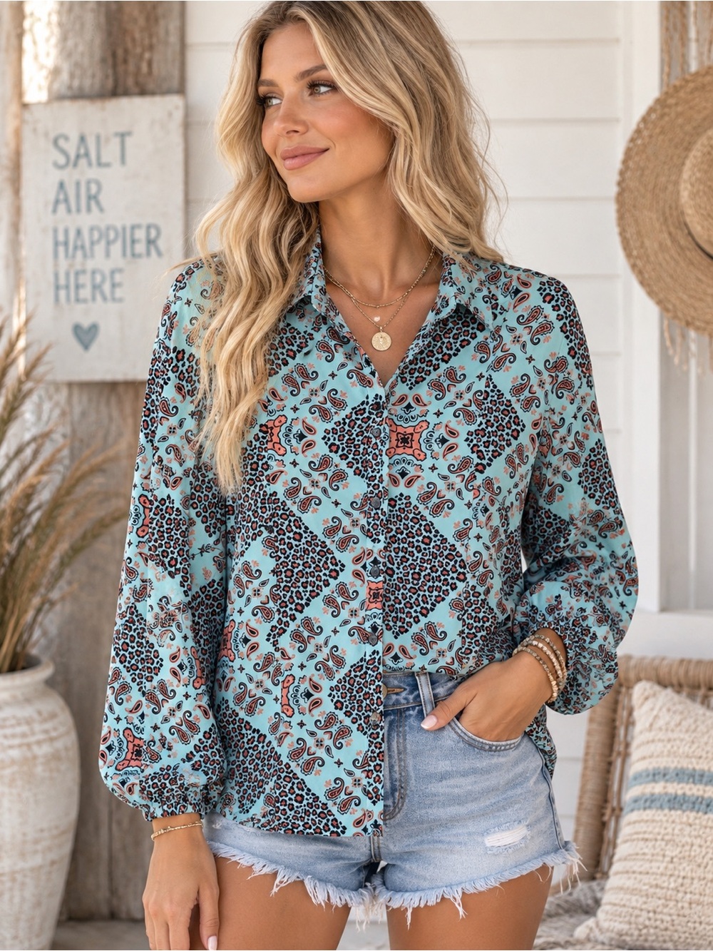 Wrangler Retro Paisley Print Button Down Blouse Aqua Coral Western Boho Top